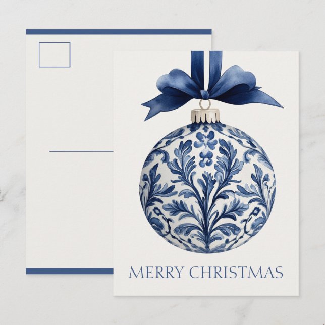 Cartão Postal Navy Blue and White Chinoiserie Christmas Ornament (Frente/Verso)