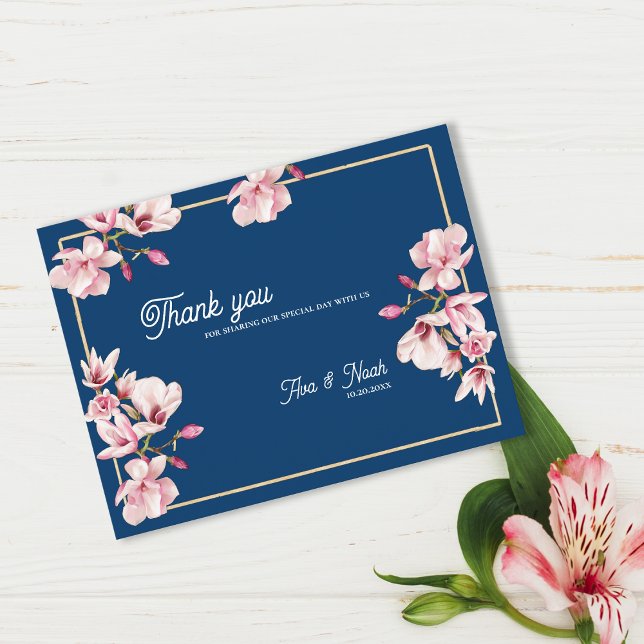 Cartão Postal Navy Blue Magnolia Floral Wedding Thank You (Navy Blue Magnolia Floral Wedding Thank You Postcard)