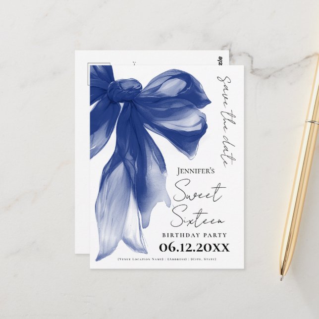 Cartão Postal Navy Bow Coquette Sweet 16 Save the Date  (Frente/Verso In Situ)