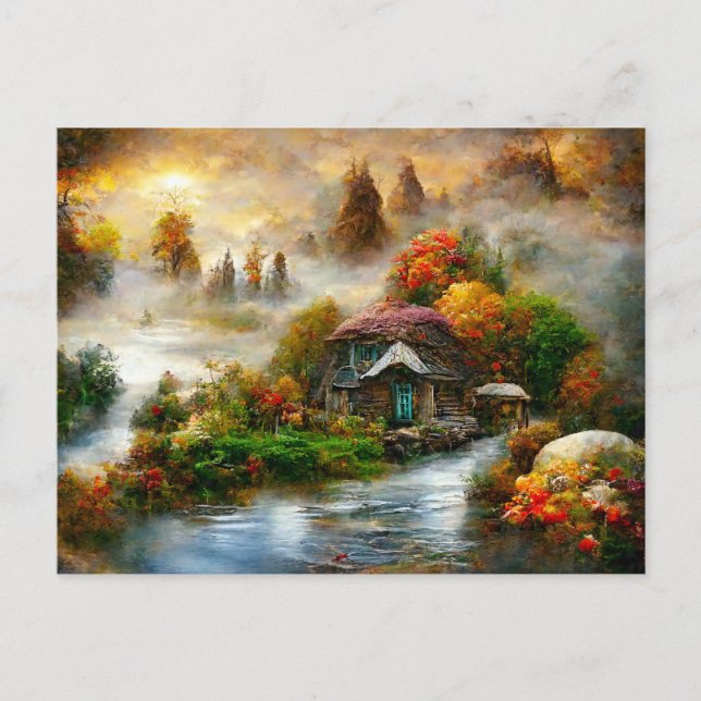 Cartão Postal Nebel am Herbstmorgen. Fantasy Cottage. (Frente)