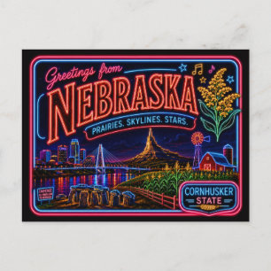 Cartão Postal Nebraska Neon Estado Retro Vintage