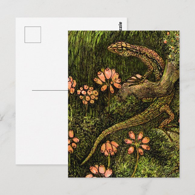 Cartão Postal Neerlandês Art Nouveau Lizard e flores selvagens (Frente/Verso)