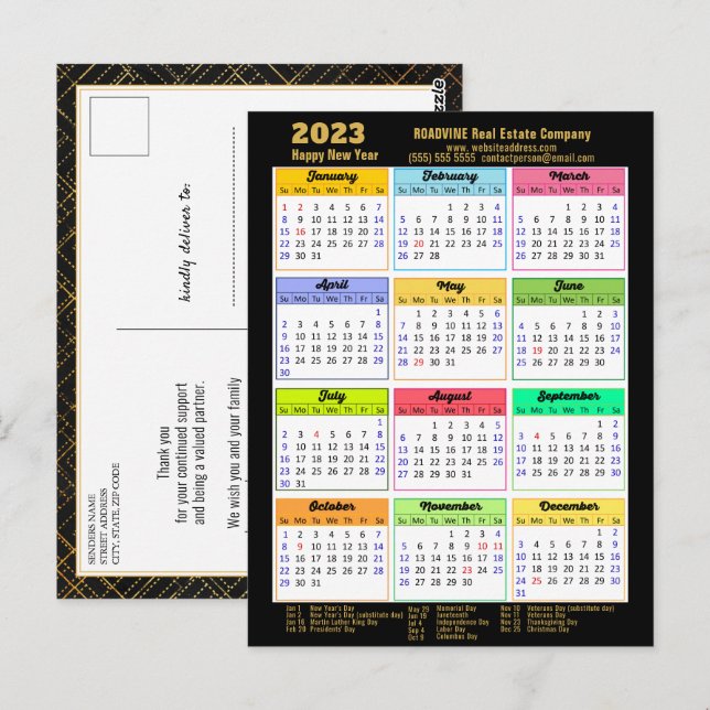 Cartão Postal Negócio de Script Dourado Preto Moderno de Calendá (Frente/Verso)
