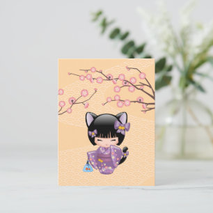 Cartão Postal Neko Kokeshi Doll - Cat Ears Geisha Girl