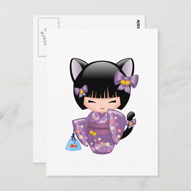Cartão Postal Neko Kokeshi Doll - Cat Ears Geisha Girl (Frente/Verso)