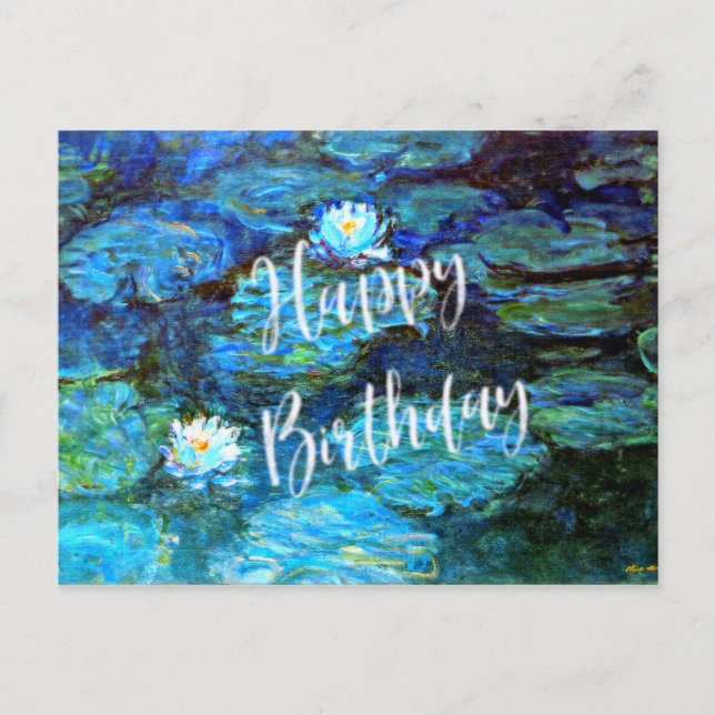 Cartão Postal Nenúfares (azuis), Feliz Aniversário (Frente)