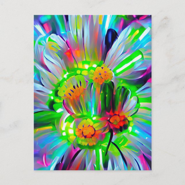 Cartão Postal Neon Abstrato Daisies com cores vívidas (Frente)