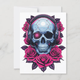 Cartão Postal Neon Cyber Death Skull e Rosa White