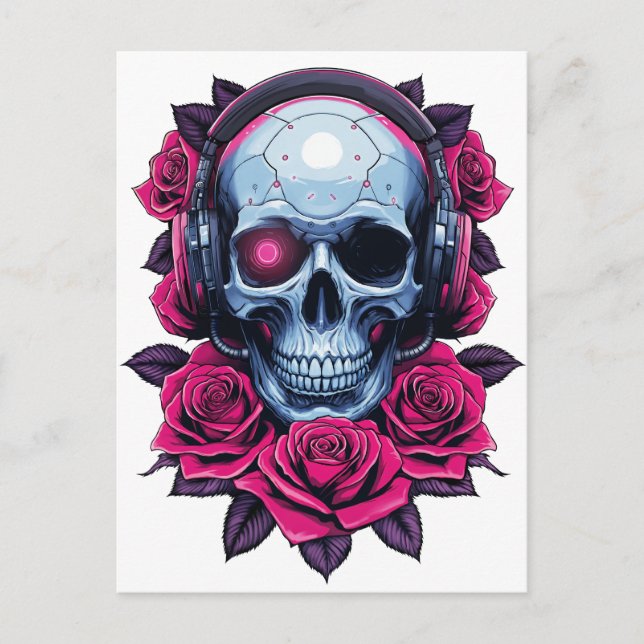 Cartão Postal Neon Cyber Death Skull e Rosa White (Frente)