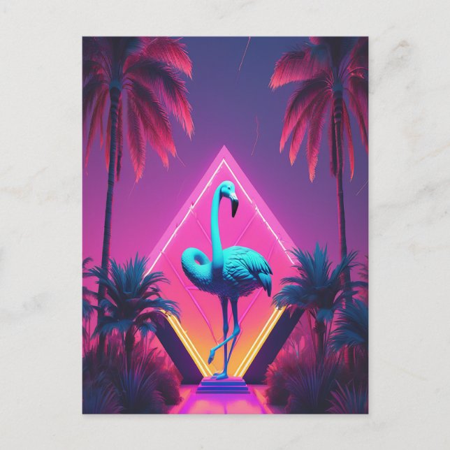 Cartão Postal Neon Flamingo Palm Trees Vaporwave Aestético (Frente)