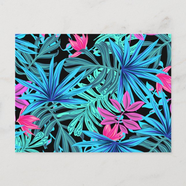 Cartão Postal Neon Pink and Blue Tropical Plant Pattern (Frente)