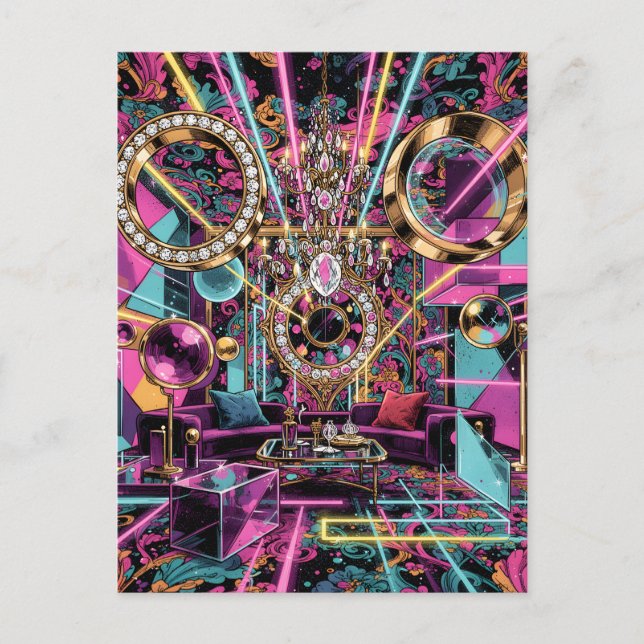 Cartão Postal Neon Psychedelic Luxury Lounge Art (Frente)