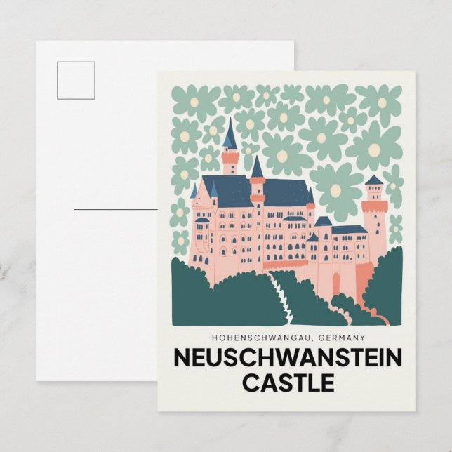 Cartão Postal Neuschwanstein Castle Alemanha viagem arte floral (Frente/Verso)