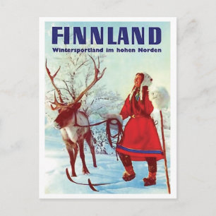 Cartão Postal Neve finlandesa, mulher esquiando com veado, vinta