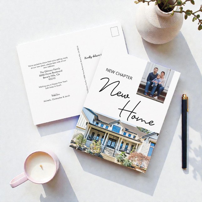 Cartão Postal New Chapter New Home Family Custom Photo and House (New Chapter New home family house moving announcement cards.)