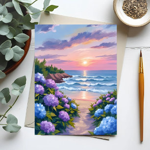 Cartão Postal New England Summer   Hydrangea Beach Painting