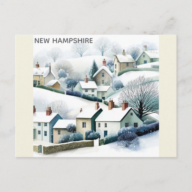 Cartão Postal New Hampshire Snowy Winter Village Illustration (Frente)