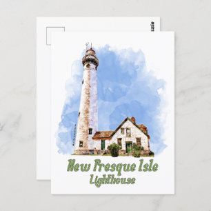 Cartão Postal New Presque Isle Lighthouse Watercolor - Michigan