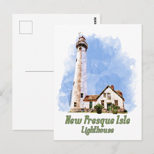 Cartão Postal New Presque Isle Lighthouse Watercolor - Michigan (Frente/Verso)
