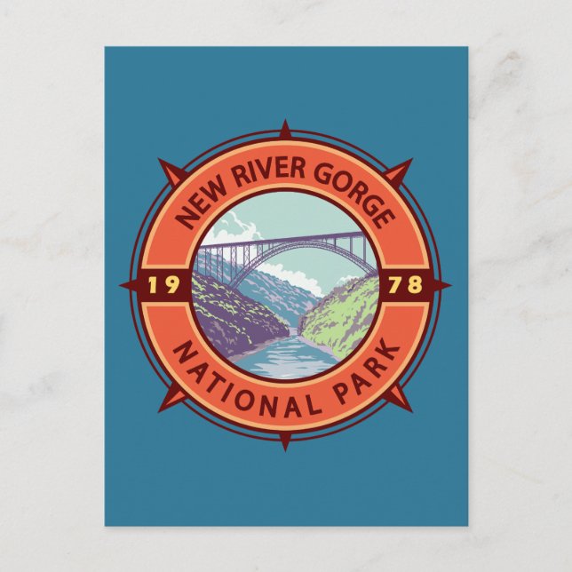 Cartão Postal New River Gorge National Park Retro Compass Emblem (Frente)