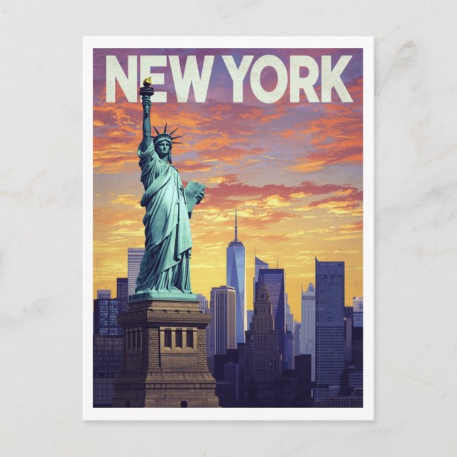 Cartão Postal New York Travel Poster: Statue of Liberty Sunset (Frente)