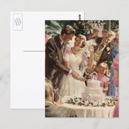 Cartão Postal Newlyweds do casamento vintage Noivo Corte o Bolo