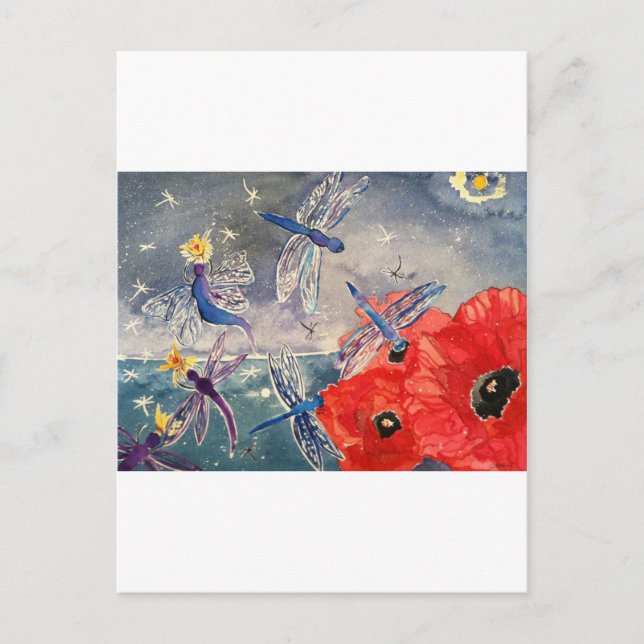 Cartão Postal Ninfas e Dragonfly Watercolor Painting (Frente)