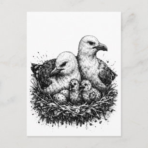 Cartão Postal Ninho da Família de Pássaros – Ilustração de Tinta