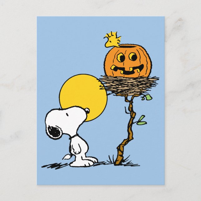 Cartão Postal Ninho de Snoopy & Woodstock com Jack O' Lanterna (Frente)