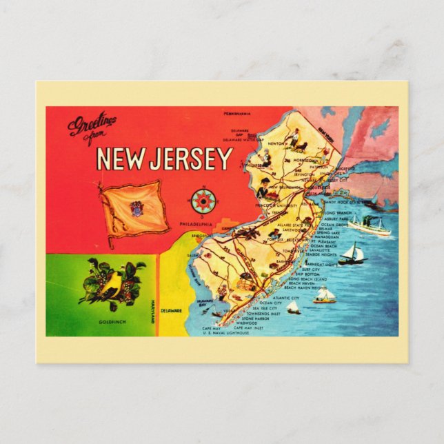 Cartão Postal NJ Map of Beaches Bordered Postcard (Frente)