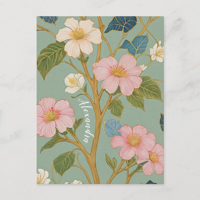 Cartão Postal No Flor: Ramificação de Pastel com Flores Rosa (Frente)