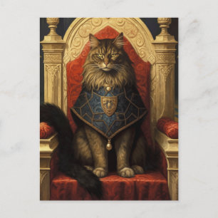 Cartão Postal Nobre Gato Maine Coon Trono Arte Impressa
