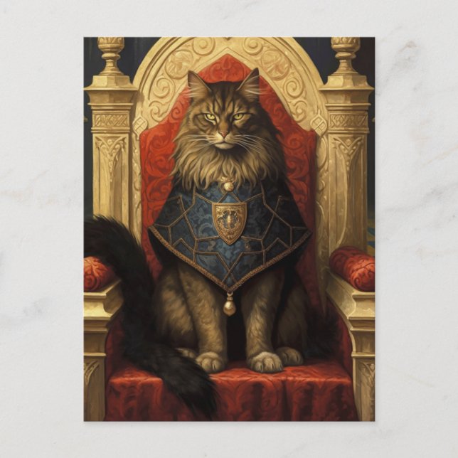 Cartão Postal Nobre Gato Maine Coon Trono Arte Impressa (Frente)
