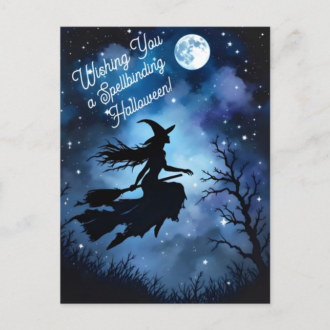 Cartão Postal Noite Artística Silhueta Halloween Bruxa (Frente)