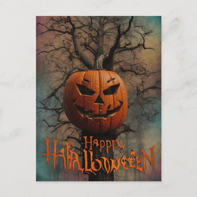 Cartão Postal Noite Assustadora de Halloween com Bruxa (Frente)