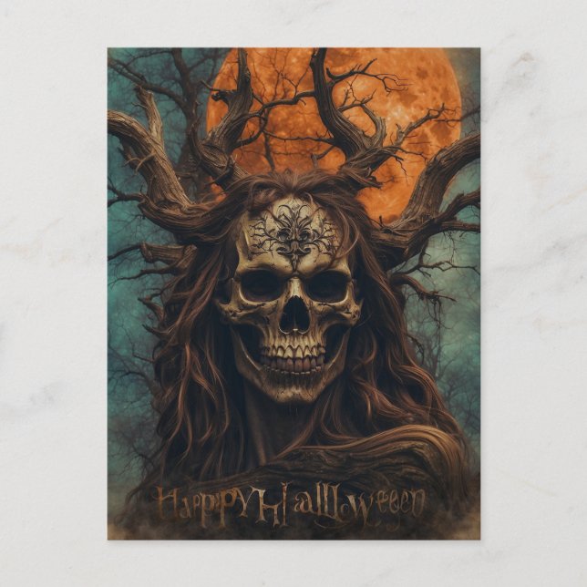 Cartão Postal Noite Assustadora de Halloween com Bruxa (Frente)