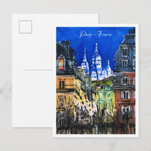 Cartão Postal Noite de Esboço à Aquarela Paris França