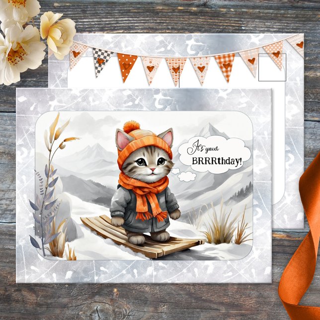 Cartão Postal Noite de inverno de Gatinho engraçado (A funny watercolor birthday postcard featuring a kitty on skies in a winter wonderland - cat lovers)