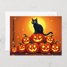 Cartão Postal Noite de outono assustadora com abóboras brilhante