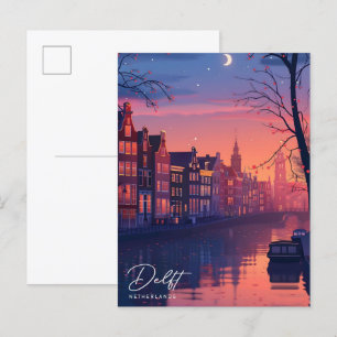 Cartão Postal Noite em Delft Holanda Viagem Vintage 