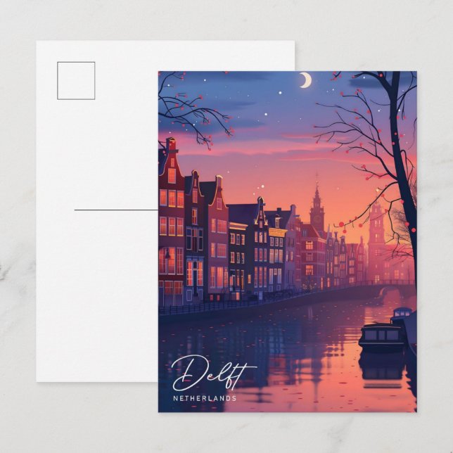 Cartão Postal Noite em Delft Holanda Viagem Vintage  (Frente/Verso)