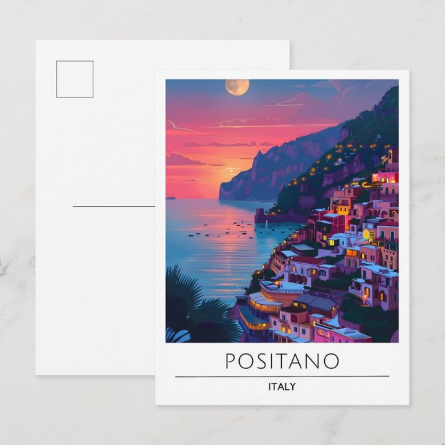 Cartão Postal Noite em Positano Itália Viagem (Frente/Verso)