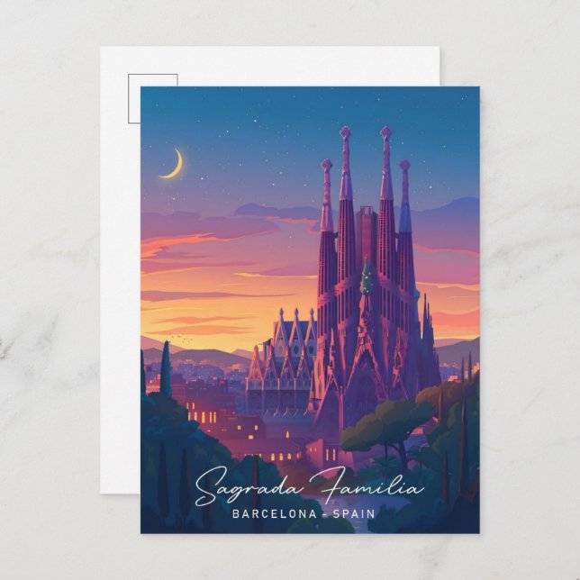 Cartão Postal Noite em Sagrada Familia Espanha de Barcelona (Frente/Verso)