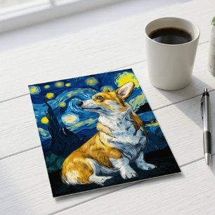 Cartão Postal Noite Estrelada Corgi Cachorro Arte Impressionista