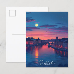 Cartão Postal Noite na Viagens vintage da Suecia de Estocolmo
