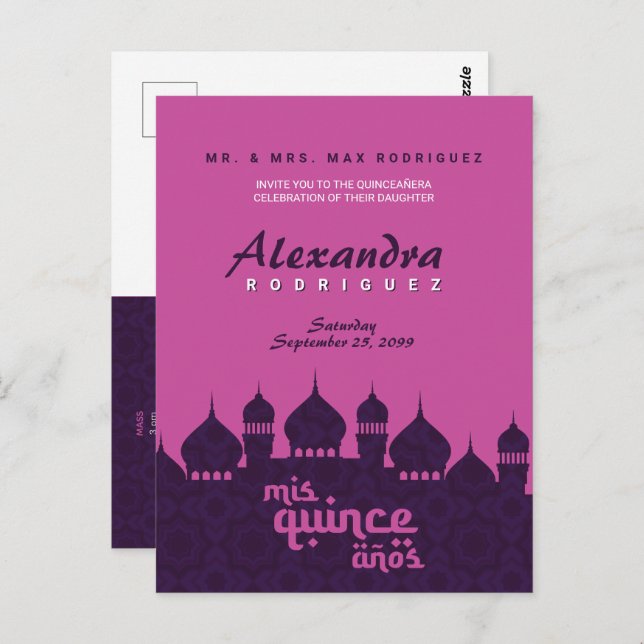 Cartão Postal Noites árabes roxas e rosa quente Quinceañera (Frente/Verso)