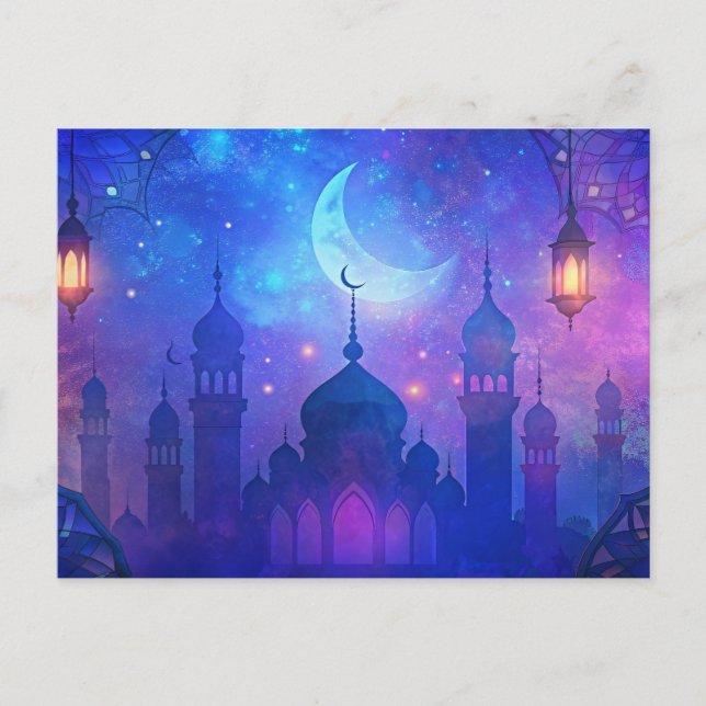 Cartão Postal Noites Mágicas do Eid Mubarak Crescente Cores (Frente)