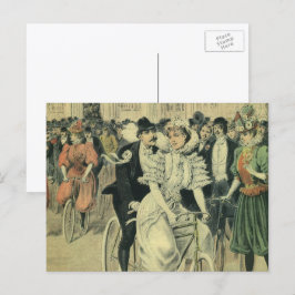 Cartão Postal Noiva e Noivo Casados de Bicicleta da Era Vitorian