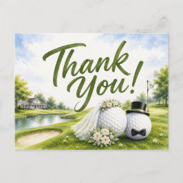 Cartão Postal Noiva e Noivo de Casamento de Golfe Obrigado