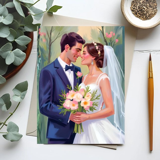 Cartão Postal Noiva & Noivo | Aquarela de Recém-Casados Casament (Criador carregado)